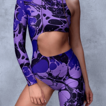 Purple Waves Cut Out Rave Jumpsuit - front view on model | Ravers Co