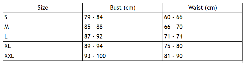 Size chart for the mirror rave hero suit