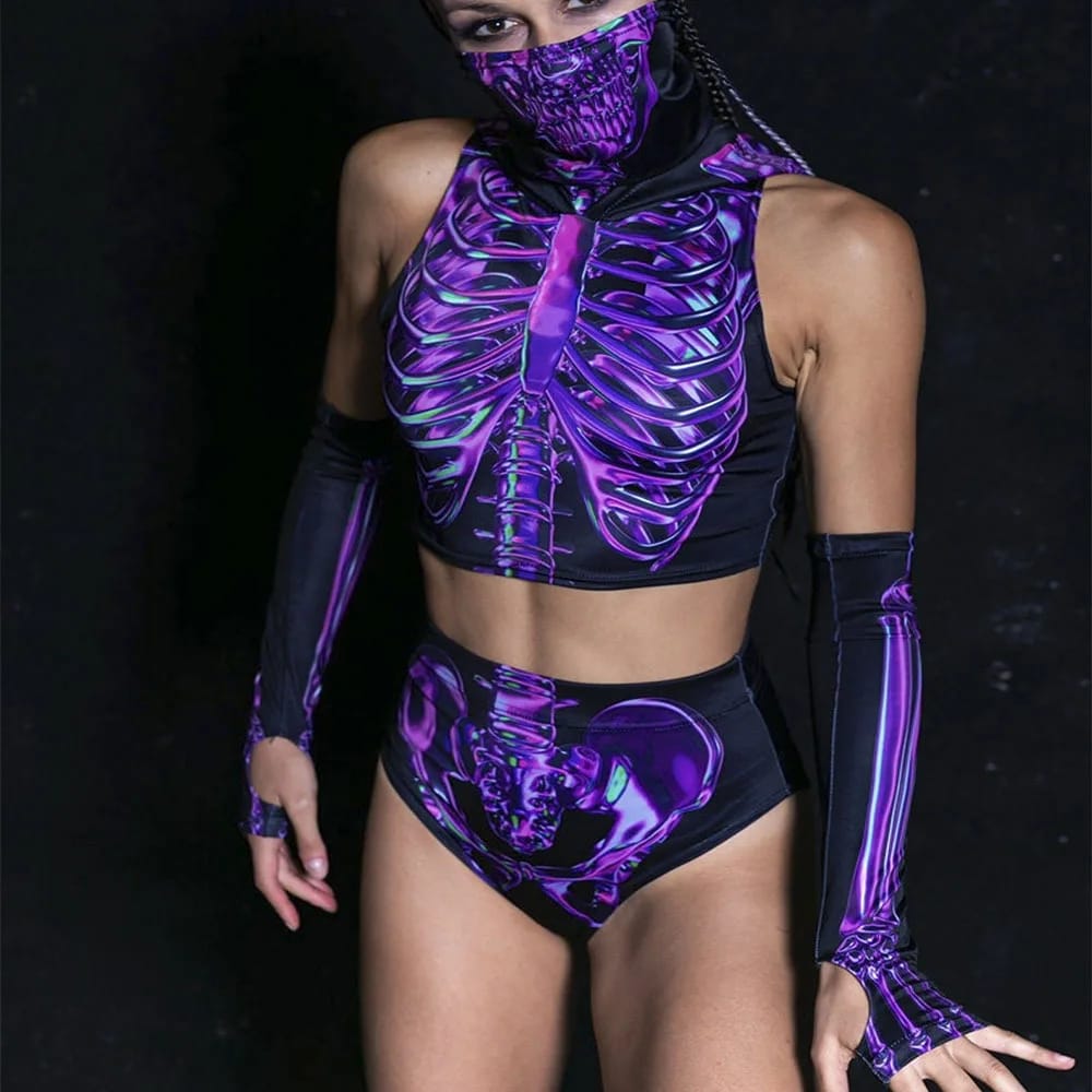 Purple Bones Rave Set - The full three piece set laid out flat | Ravers Co