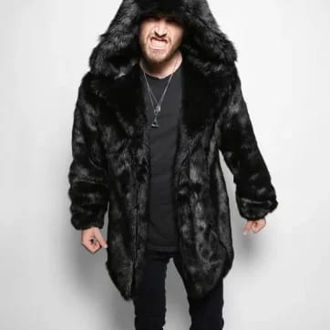 Model wearing the black fluffy rave creature coat