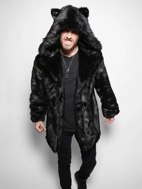 Model wearing the black fluffy rave creature coat