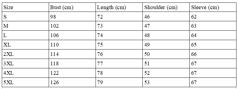 A size chart for the Fluffy Rave Creature Coat 