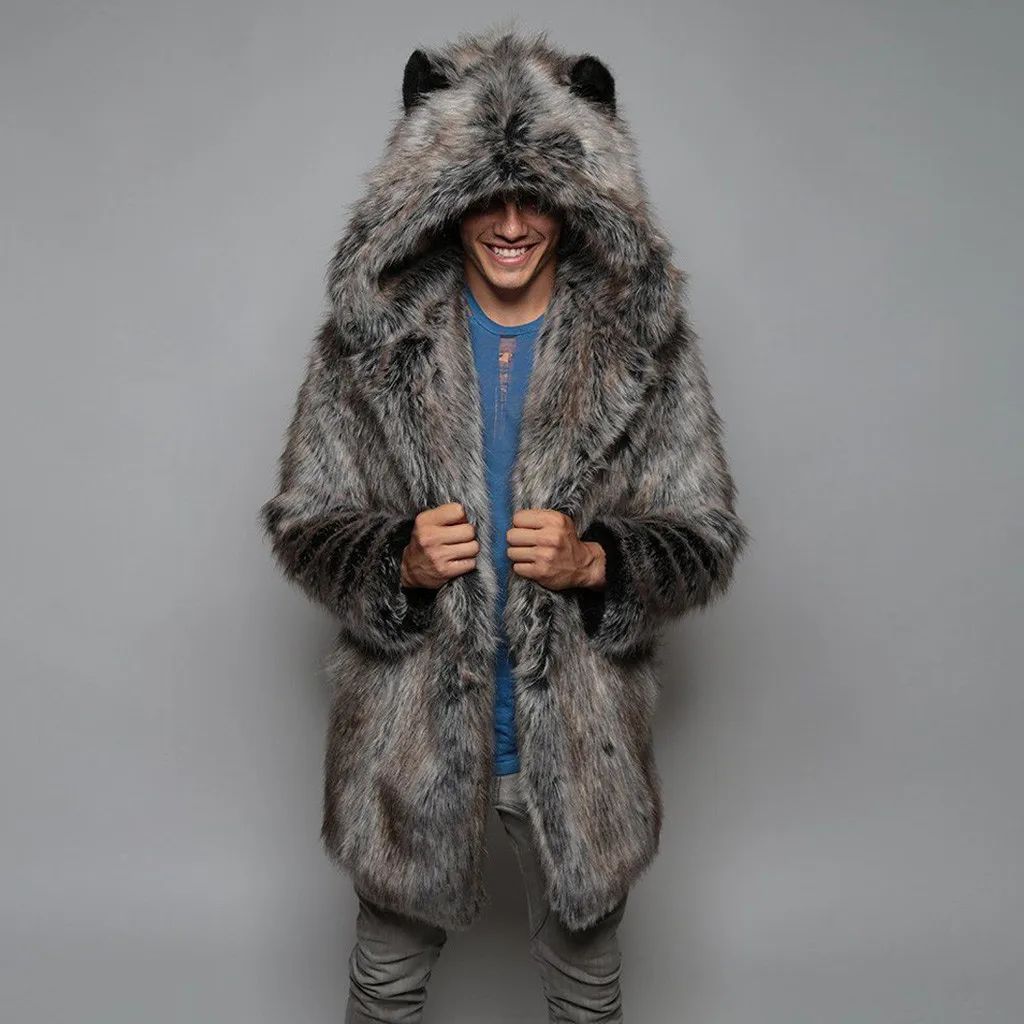 Model wearing the grey fluffy rave creature coat hood up grey background