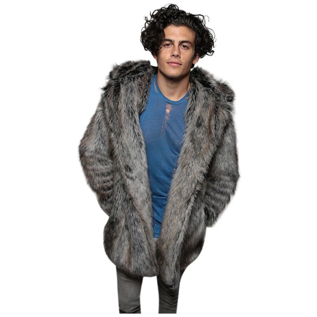 Model wearing grey Fluffy Rave Creature Coat hood down. White Background