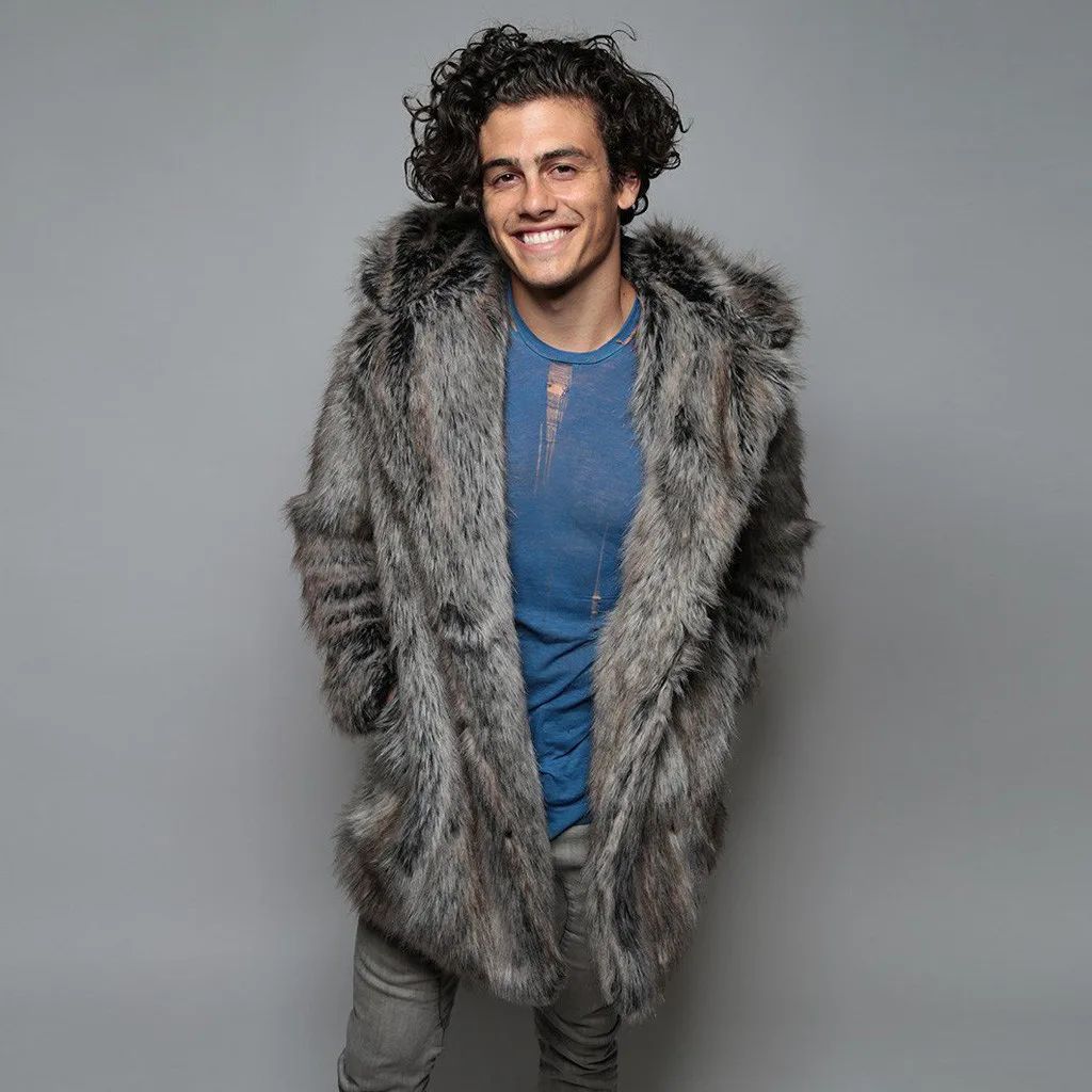Model wearing grey Fluffy Rave Creature Coat hood down.