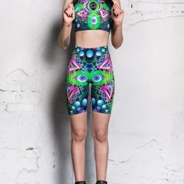 Oracle Eyes Rave Set - front view of trippy print on model | Ravers Co