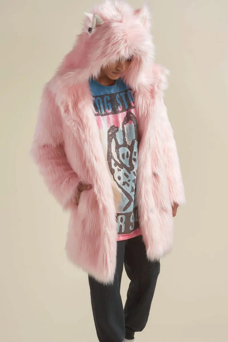 Model wearing Pink Fluffy Rave Creature Coat