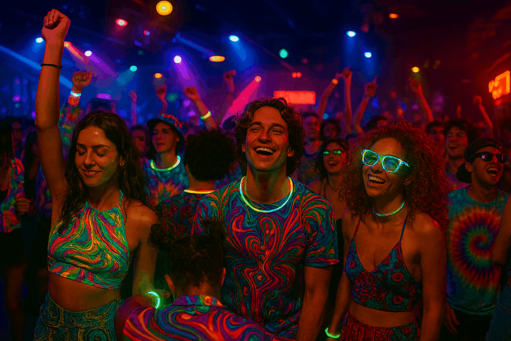 Ravers in a nightclub wearing psychedelic clothing and glowing accessories blissing out to the music 