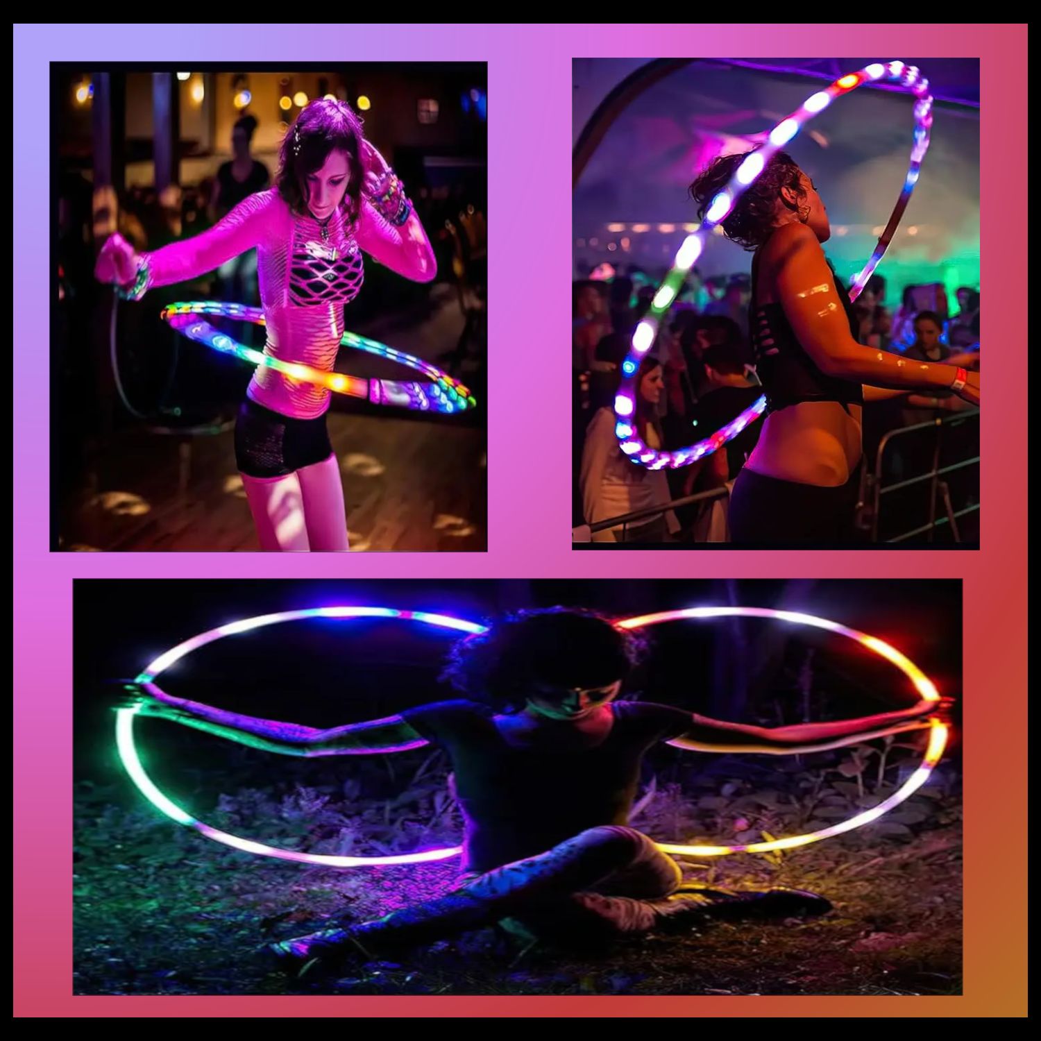 LED Glow Hoop 12 LED Glow Hoop - Three performers showcasing different flow styles with the hoop | Ravers Co