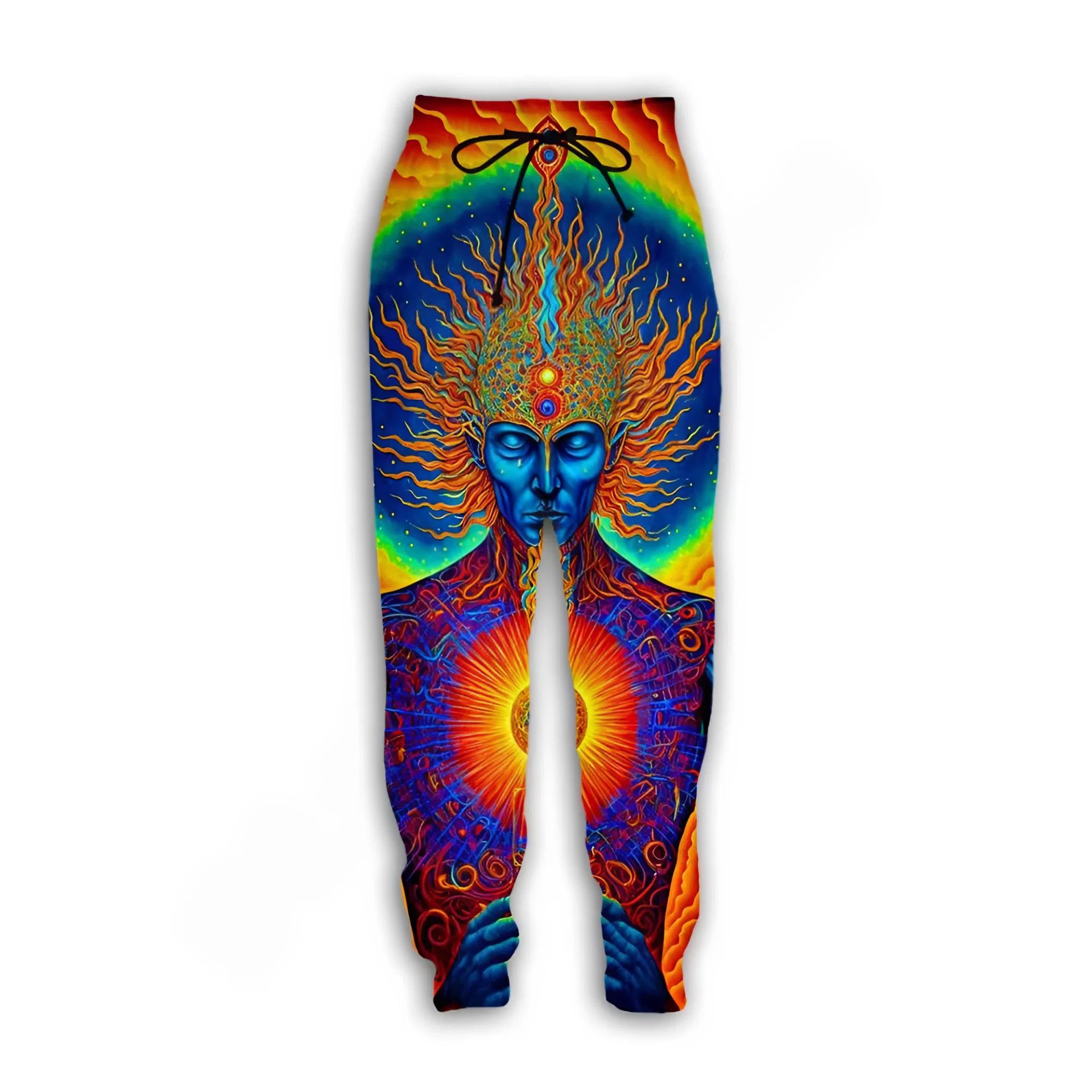 Psychedelic God Rave Pants - full length view on a raver | Ravers Co