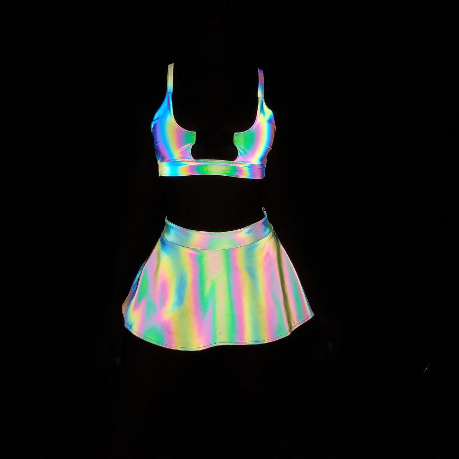 Rainbow Reflective Rave Set 3 Rainbow Reflective Rave Set - front view under flash showing vibrant rainbow reflection | Ravers Co