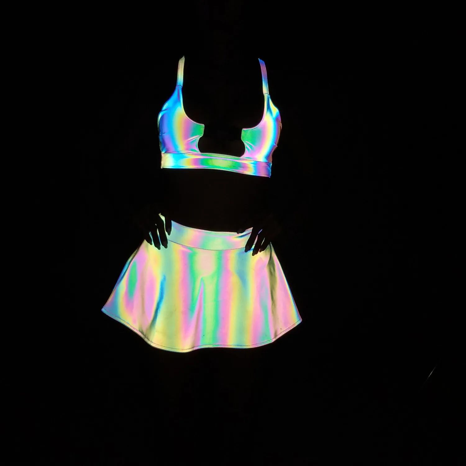 Rainbow Reflective Rave Set 4 Rainbow Reflective Rave Set - close up detail of the reflective fabric under flash | Ravers Co