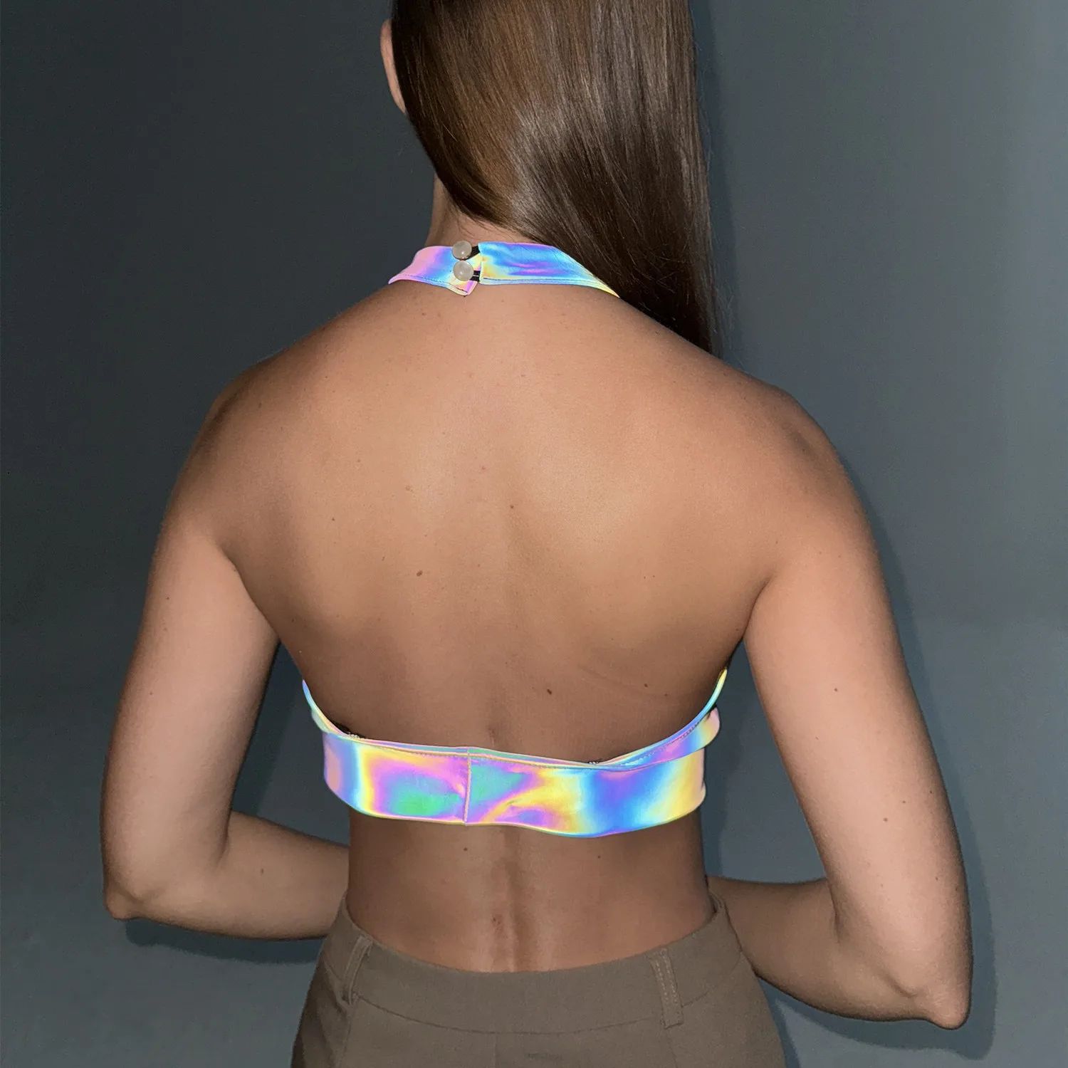 Reflective Laser Halter Crop 10 A photo of the back of the reflective laser halter crop