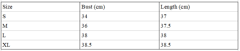Reflective Light Halter Crop 5 Size Chart for the Reflective Mushroom Halter Crop