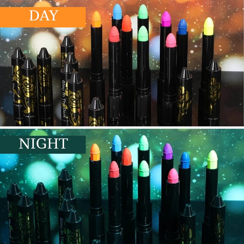 UV Neon Make-Up Pens 6 A picture of the uv neon make-up pens in day and night lighta