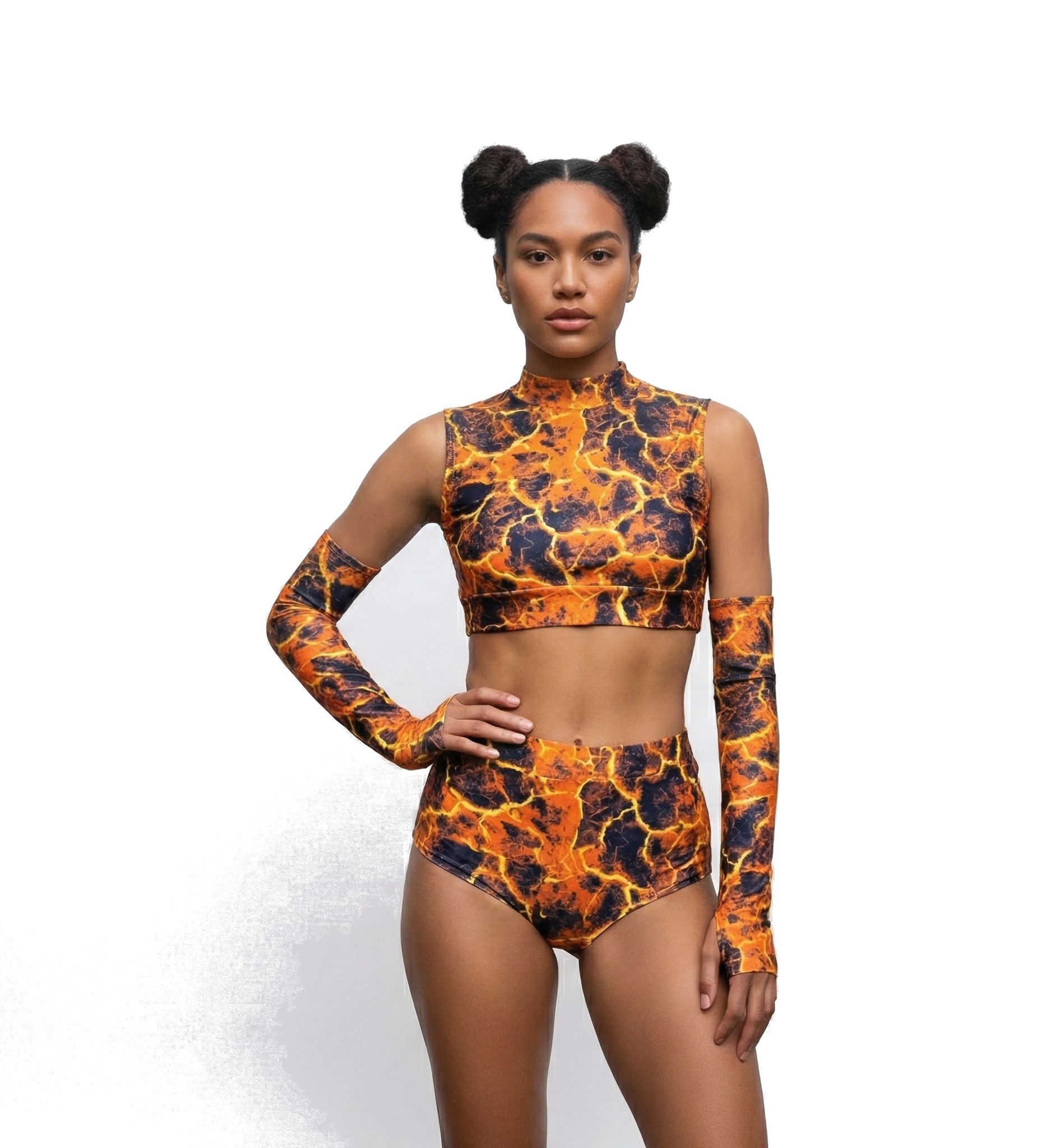 Molten Shock Rave Set - model showing side profile of the high-waist bottoms and top | Ravers Co