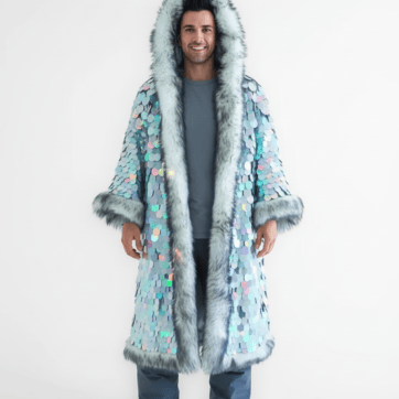 LED Fur Sequin Cloak — Dim Lighting and Normal Lighting front view