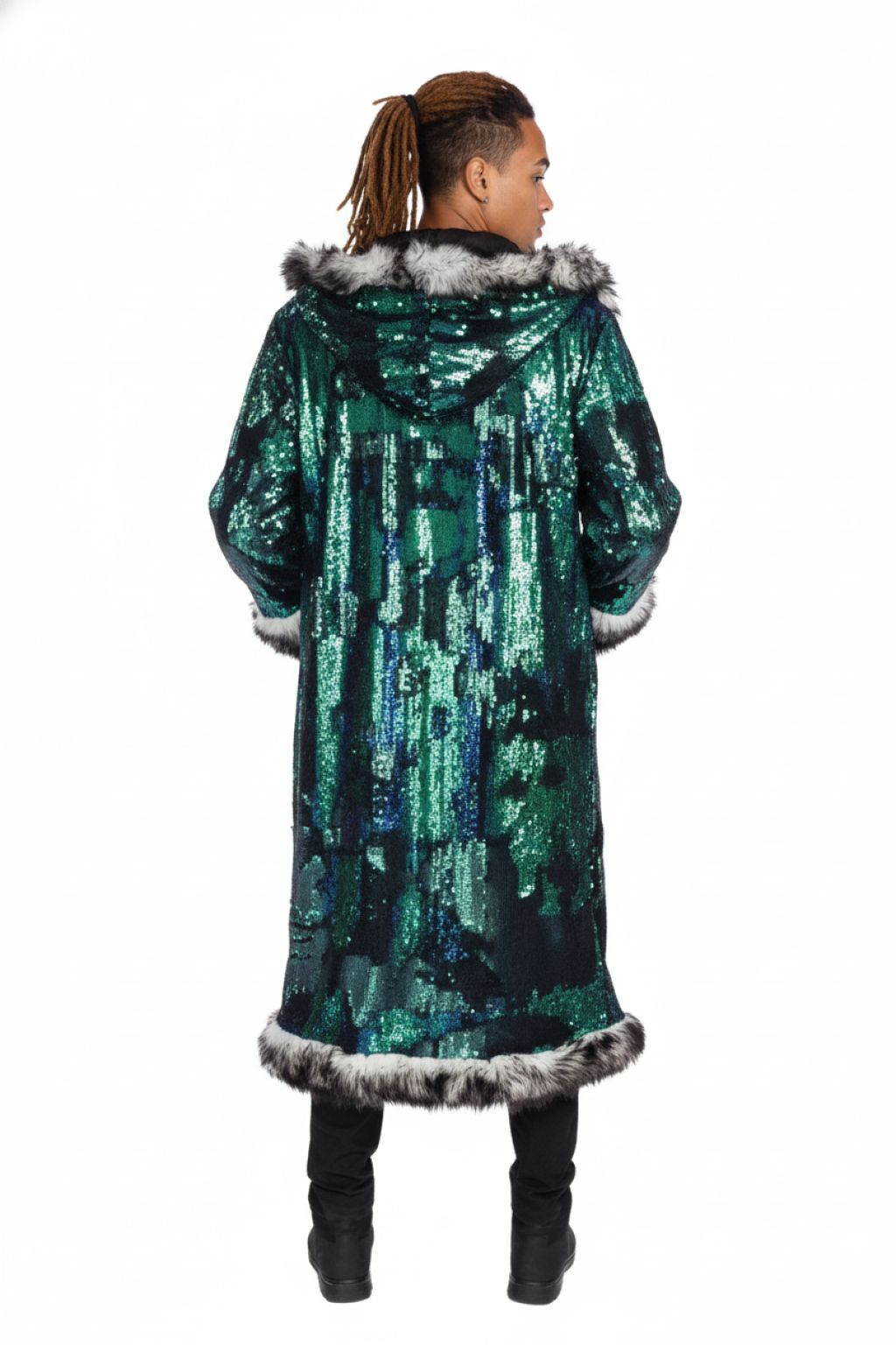 Liquid Sequin Fur Coat — Normal Lighting back view