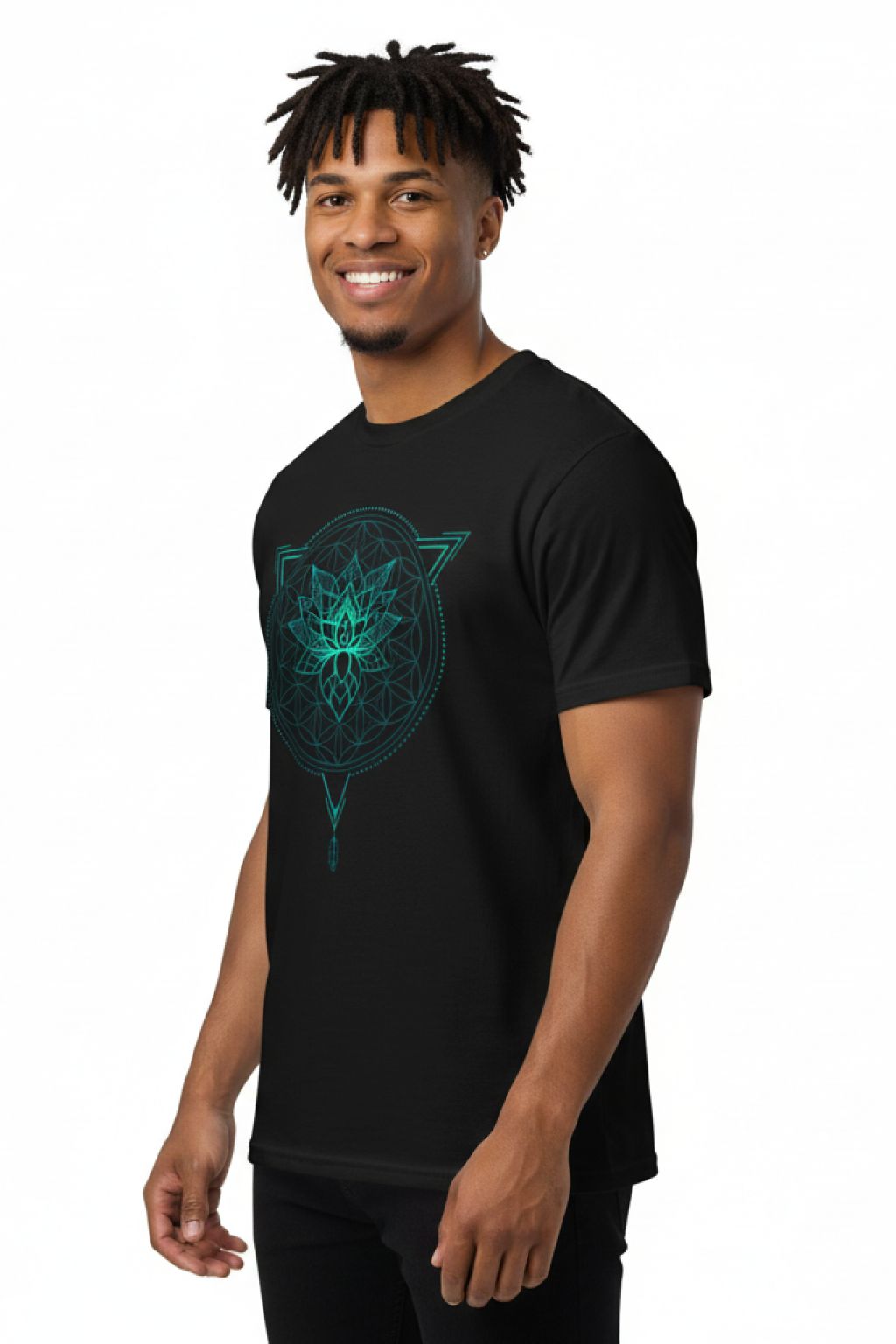 Lotus of Life T-Shirt - Black angled view on model | Ravers Co
