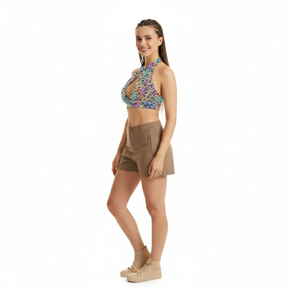 Reflective Lattice Halter Crop — left view