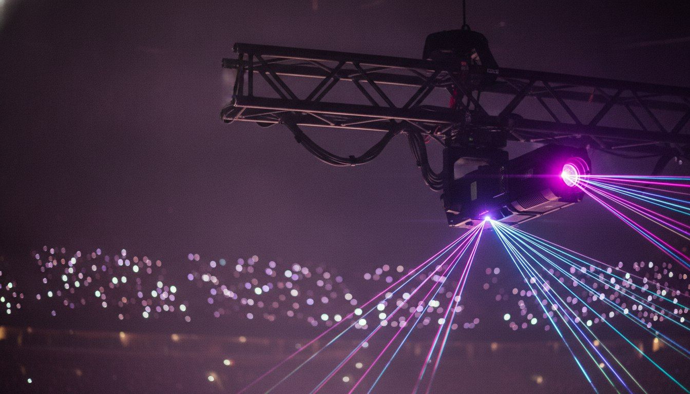 Laser Shows In NZ: The Complete Guide To Laser Show Systems 2 RGB laser projector mounted on truss above a stage with beams emerging into haze