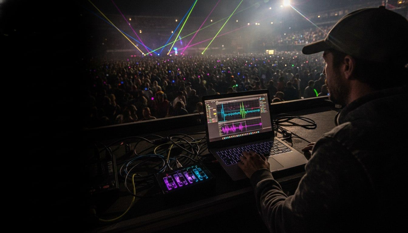 Laser Shows In NZ: The Complete Guide To Laser Show Systems 3 Laser technician running show control software on a laptop at a live event