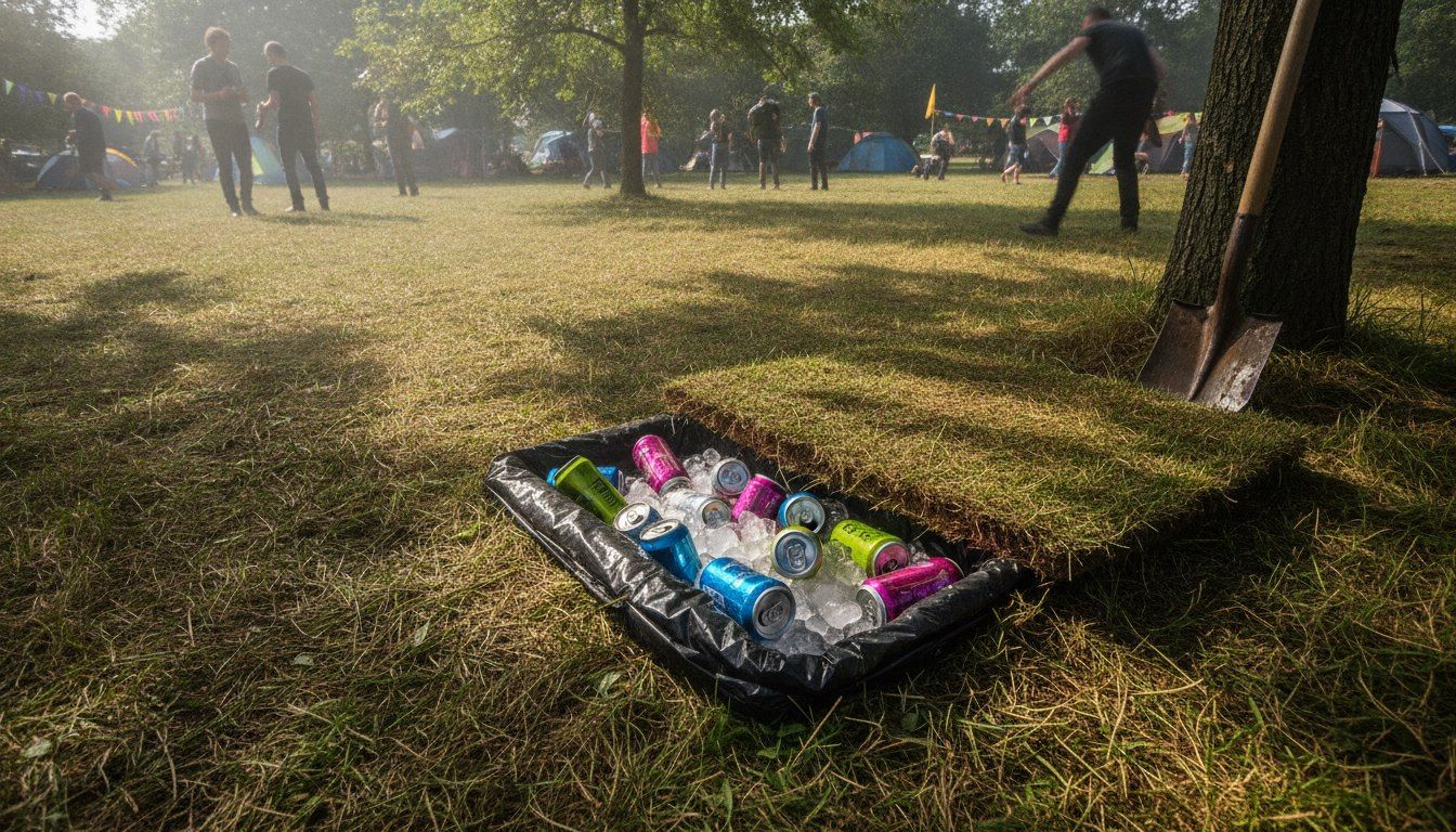 In-ground festival cooler: a bag-lined pit filled with ice and drinks, cut turf and a shovel beside it
