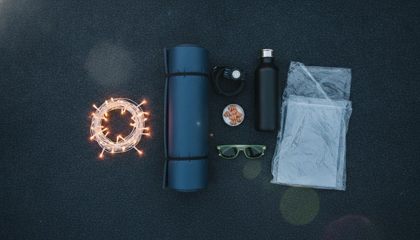 Flat-lay of festival camping gear: sleeping mat, headtorch, water bottle, earplugs, poncho and fairy lights