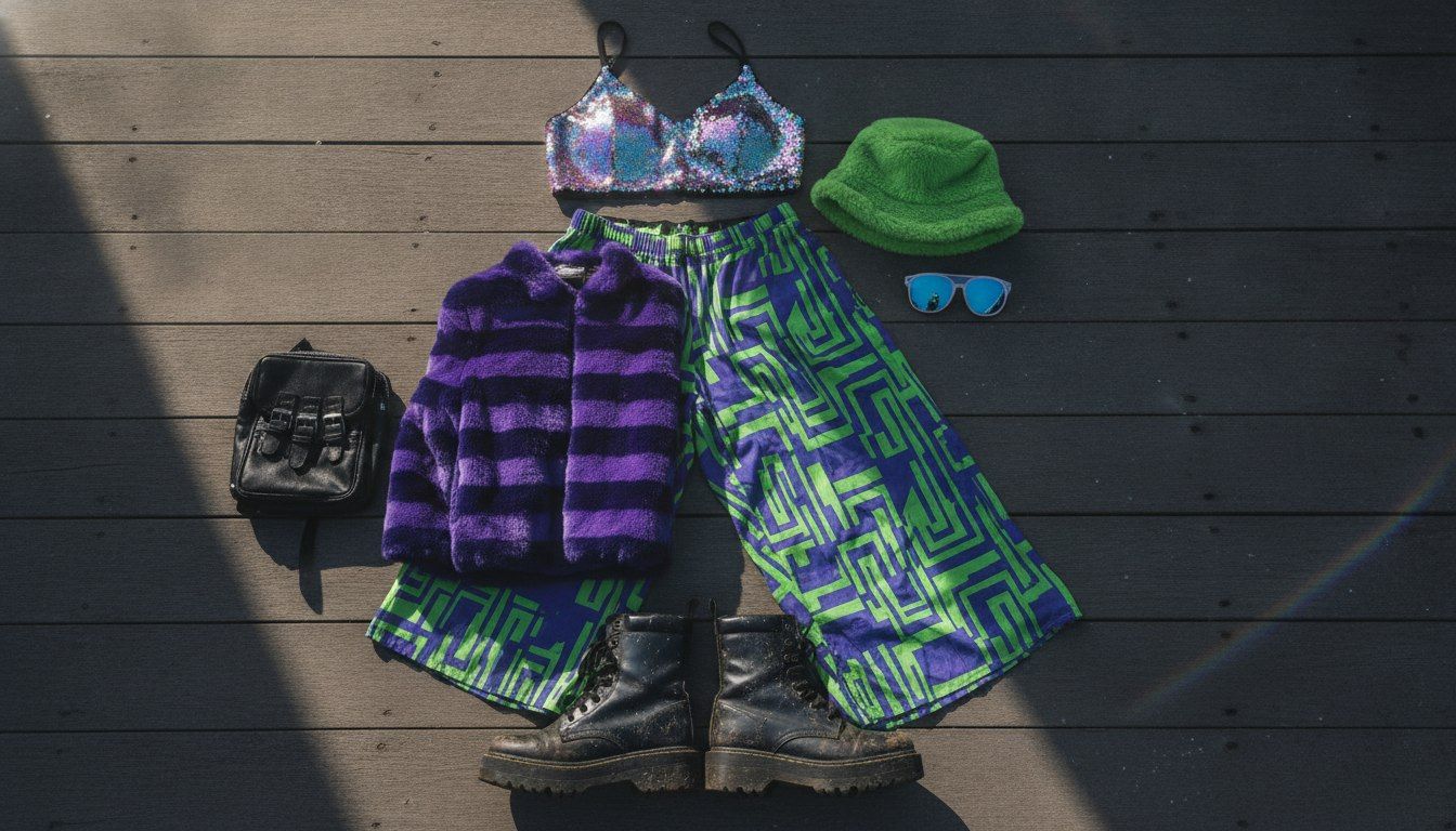 Flat-lay of a complete festival outfit: sequin top, patterned pants, faux fur jacket, bucket hat and boots