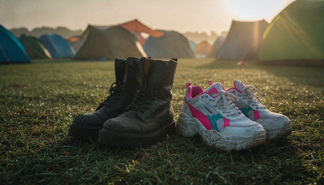 Worn-in festival boots and sneakers on dewy grass at a campsite in morning light