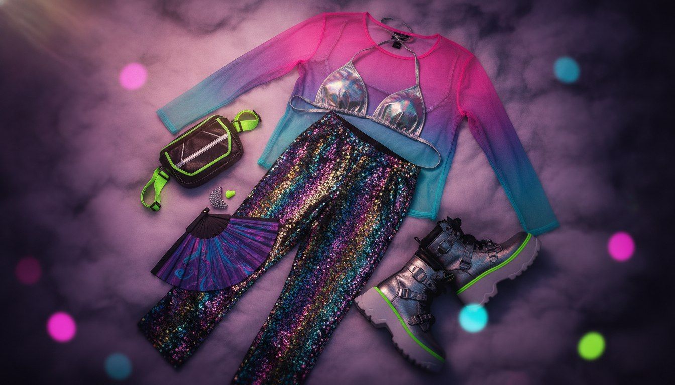 Womens Festival Outfits: What To Wear To Any NZ Festival 4 Flat-lay of a womens festival outfit with holographic top, sequin pants, mesh cover-up and boots