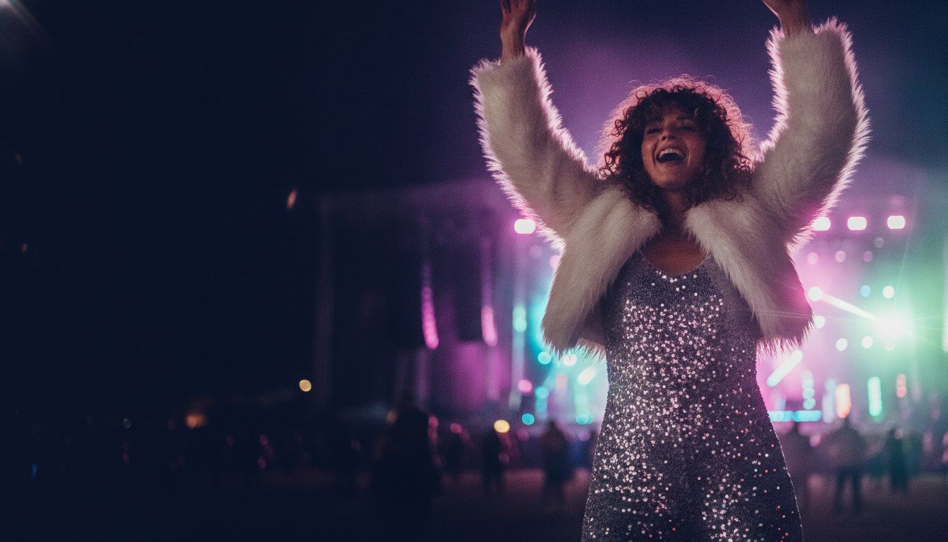 Womens Festival Outfits: What To Wear To Any NZ Festival 5 Woman in a silver sequin outfit and white faux fur jacket dancing at a festival at night
