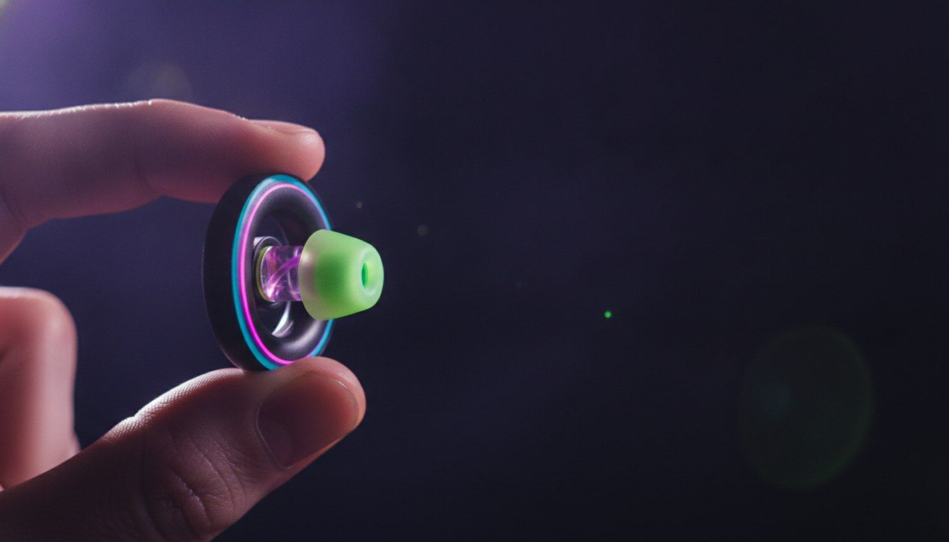 The Best Earplugs For Festivals, Gigs And Clubs In NZ 3 Macro of a loop-style earplug held between finger and thumb showing the acoustic channel