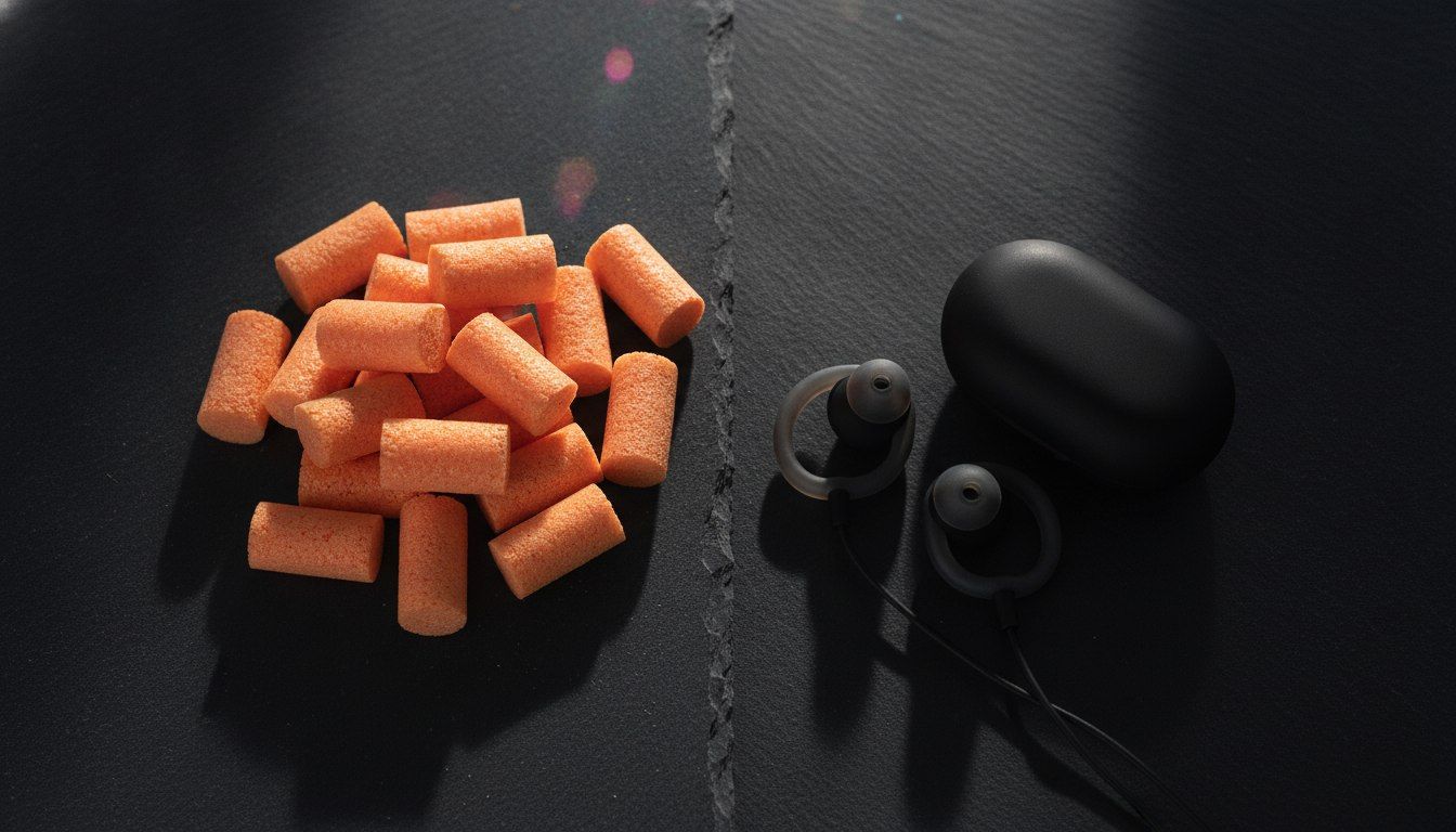 The Best Earplugs For Festivals, Gigs And Clubs In NZ 2 Orange foam earplugs beside loop-style silicone earplugs and case on dark slate