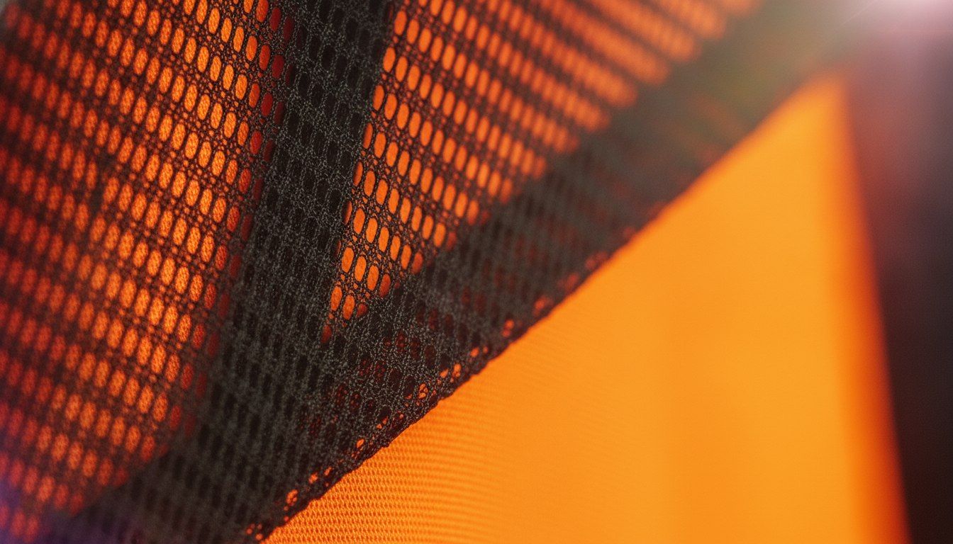 Mesh Outfits For Raves And Festivals: How To Style Mesh 3 Macro detail of black mesh fabric layered over a bright neon base fabric