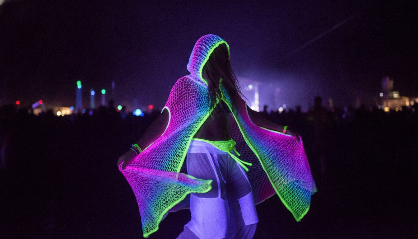 Mesh Outfits For Raves And Festivals: How To Style Mesh 4 Neon mesh festival clothing glowing under UV blacklight on a dancefloor
