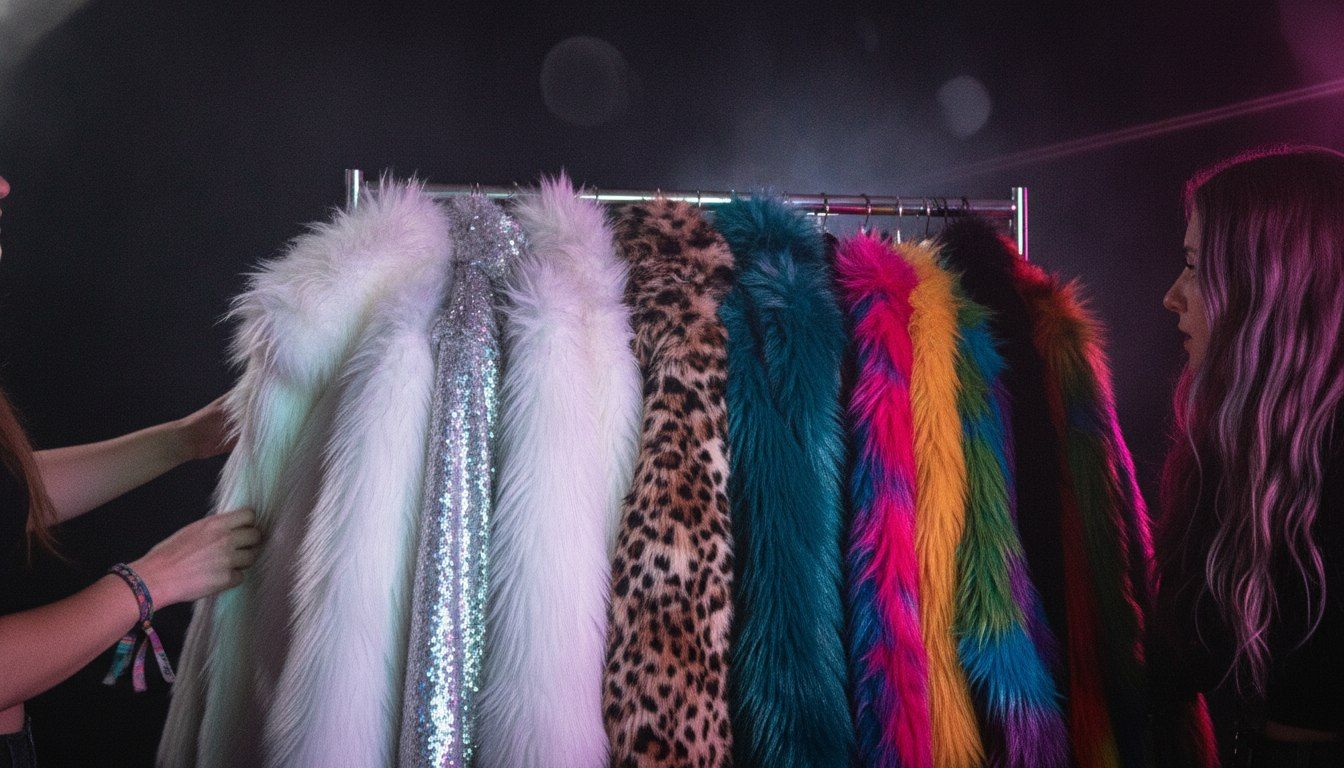 Festival Faux Fur: Coats, Hoodies And How To Choose Yours 2 A rail of faux fur festival coats in white, silver, leopard print, teal and rainbow