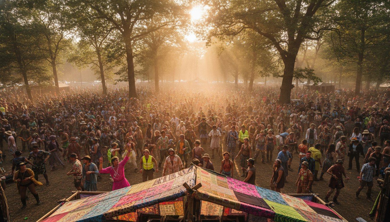 Octoblast 2026: The Complete Guide To Te Arai 2 Festival crowd dancing in a clearing surrounded by tall trees in warm afternoon light