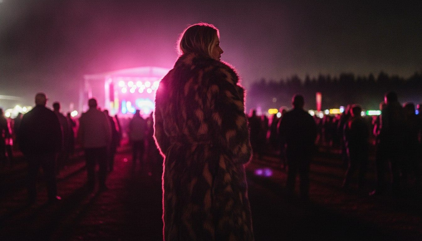 Octoblast 2026: The Complete Guide To Te Arai 3 Person wearing a Bush Doof faux fur coat at a festival at night with stage lights behind