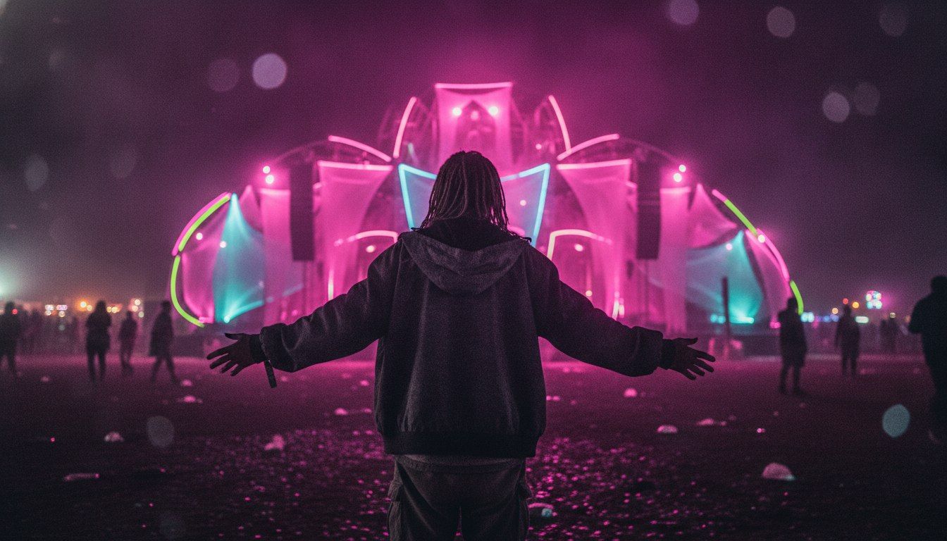 Festival-goer standing before a large illuminated art installation at night