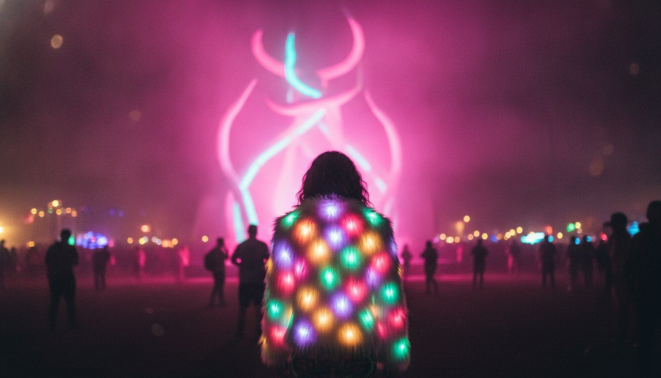 Person in an LED faux fur coat glowing in front of a neon art installation at night