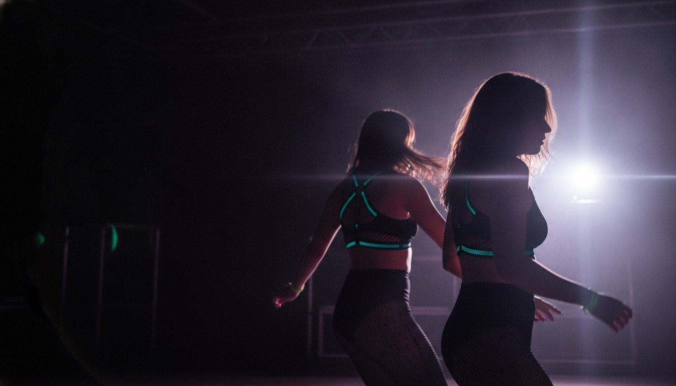 Terminal V Sydney 2026: What To Wear And What To Expect 2 Dancers in black mesh and harness clothing lit by strobes on a techno dancefloor