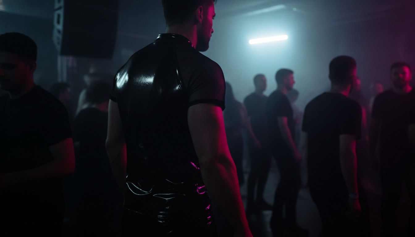 Terminal V Sydney 2026: What To Wear And What To Expect 3 Person wearing a latex mesh shirt on a techno dancefloor lit in magenta and white