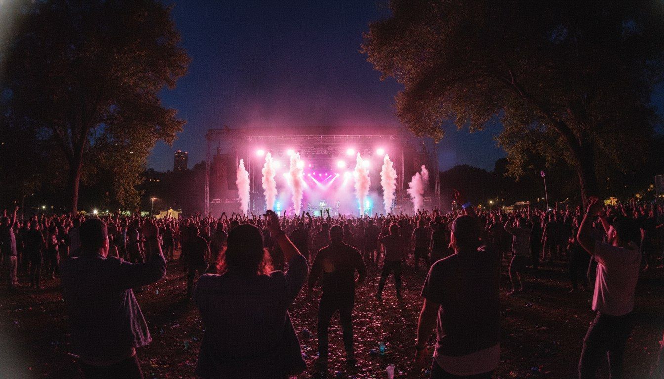 Outdoor city festival main stage at night with bright lights and a silhouetted crowd