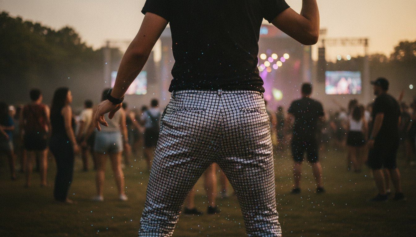 Person wearing silver sequin pants dancing at an outdoor summer festival at dusk