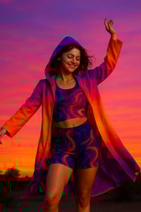 A woman dances as the sun sets over the festival