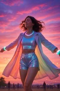 A woman stands on the festival grounds with arms open taking a breath