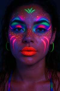 A photo of a woman with neon coloured face paint