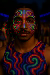 A photo of a man with neon coloured face paint