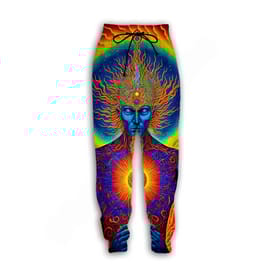 Psychedelic God Rave Pants - full length view on a raver | Ravers Co